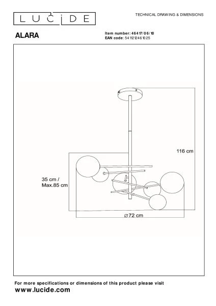 Lucide ALARA - Lámpara colgante - Ø 72 cm - LED - G4 - 6x1,5W 2700K - Oro - técnico